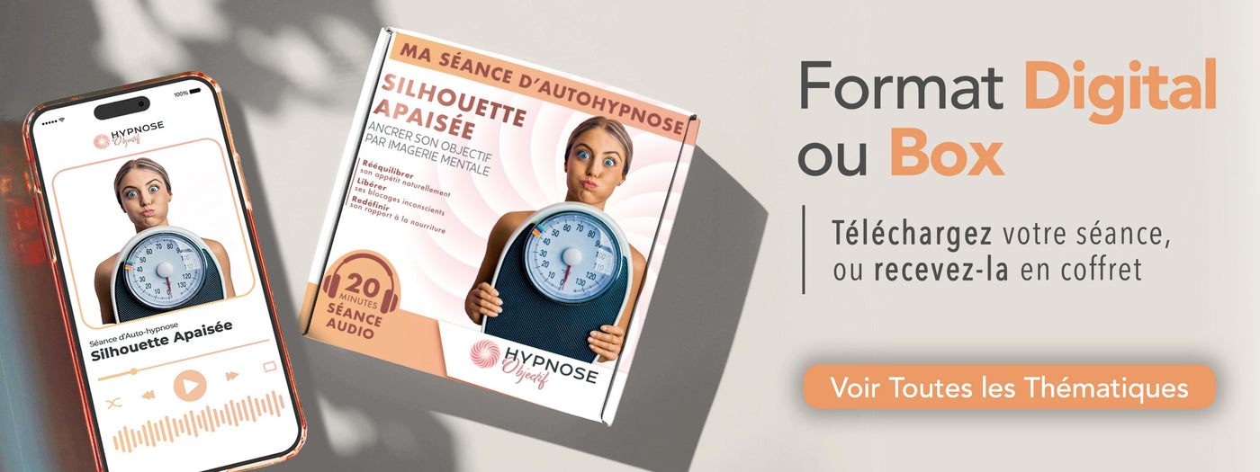 Présentation des séances HypnoseObjectif disponibles en format digital et en coffret box silhouette apaisée
