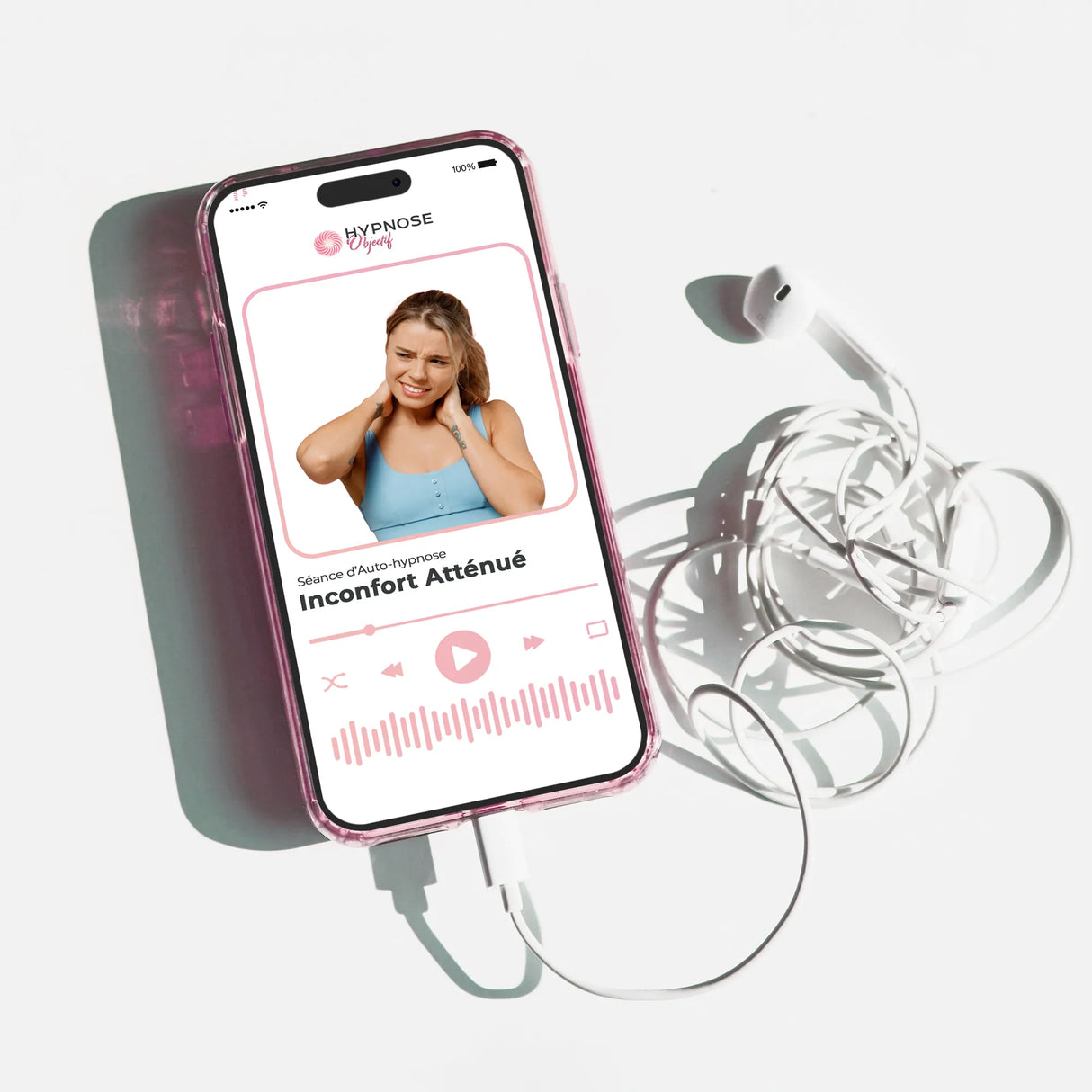 Mockup écouteurs de la séance Inconfort Atténué – séance d’auto-hypnose 20 minutes –