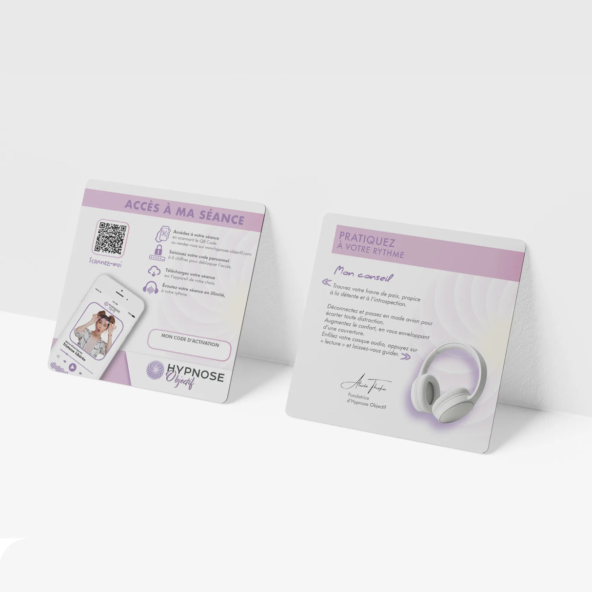 Carton de téléchargement HypnoseObjectif avec QR code et code personnel – accès à la séance d’auto-hypnose Tristesse Libérée