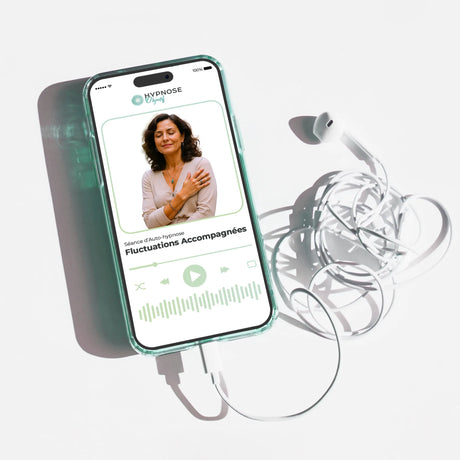 Mockup écouteurs de la séance Fluctuations Accompagnées – séance d’auto-hypnose 20 minutes – 