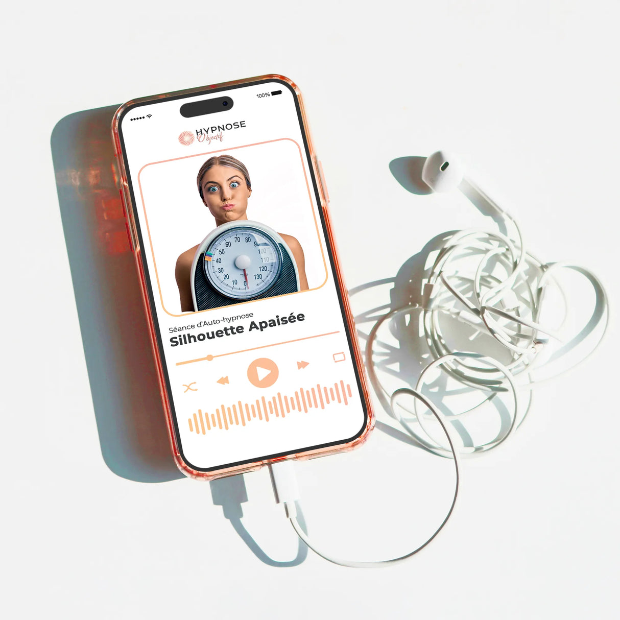 Mockup écouteurs de la séance Silhouette Apaisée – séance d’auto-hypnose 20 minutes – HypnoseObjectif
