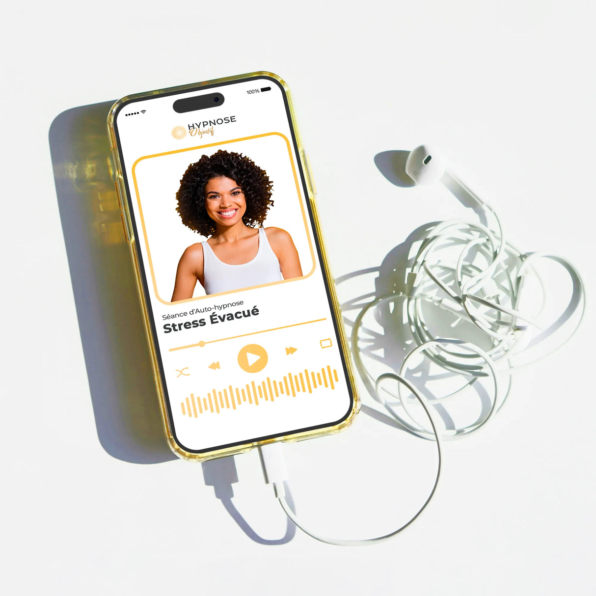 Mockup écouteurs de la séance Stress Évacué – séance d’auto-hypnose 20 minutes – 
