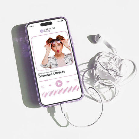 Mockup écouteurs de la séance Tristesse Libérée – séance d’auto-hypnose 20 minutes – 